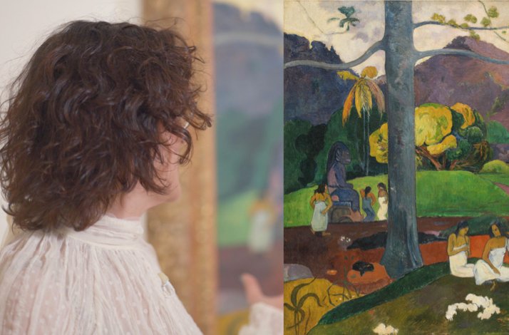 Close up of Paul Gauguin's Mata Mua art, discussed with Inés Carriedo.