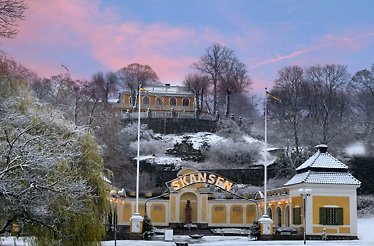 Entrance gate of the Skansen museum during winter