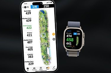 Showcase of Golfshot app UI on a cellphone and a smartwatch.