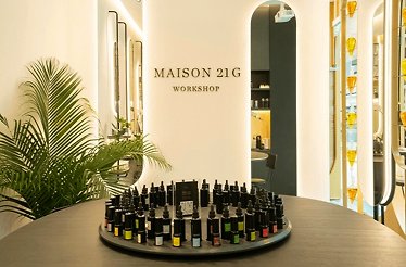 Perfumes on the table at Maison 21G's atelier at Marina Bay Sands.