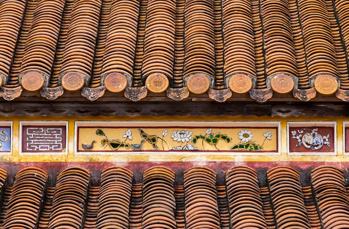Close up at the roof tiles of the Imperial Citadel of Hue Vietnam.