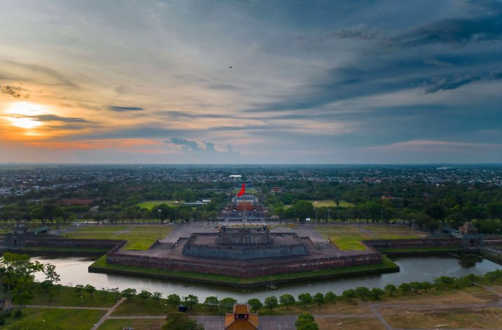 Birds-eye-view at the Imperial Citadel of Hue Vietnam in the afternoon.