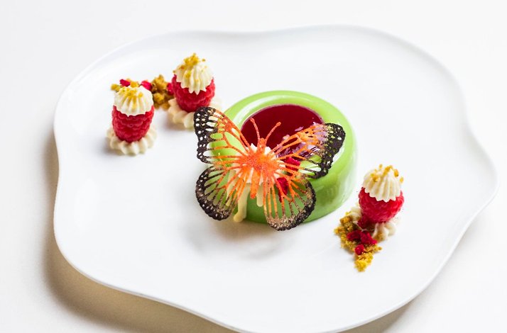 Plated green panna cotta ring with raspberry coulis, sugar butterfly garnish, and cream-topped raspberries at Le Jardinier.